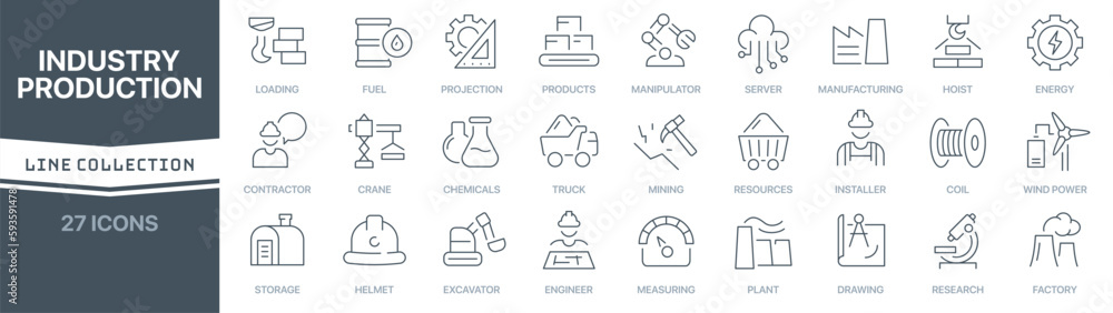 Poster Industry and production linear signed icon collection. Signed thin line icons collection. Set of industry and production simple outline icons