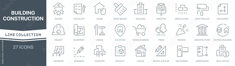 Poster Building and construction linear signed icon collection. Signed thin line icons collection. Set of building and construction simple outline icons