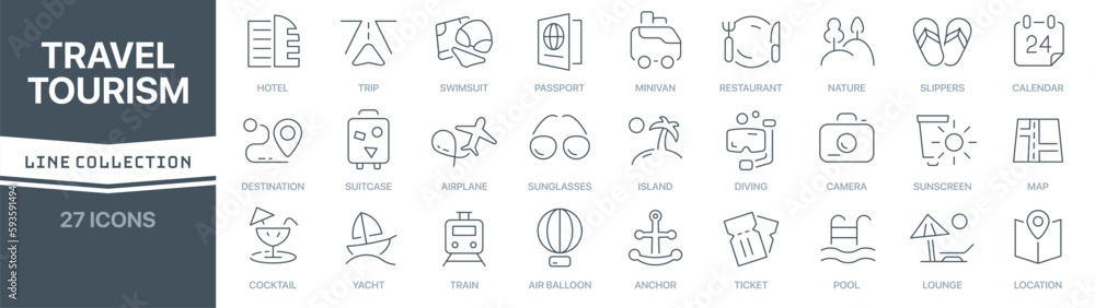 Poster travel and tourism linear signed icon collection. signed thin line icons collection. set of travel a