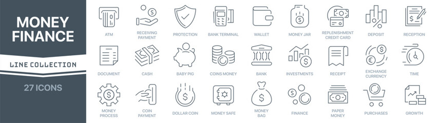 Money and finance linear signed icon collection. Signed thin line icons collection. Set of money and finance simple outline icons