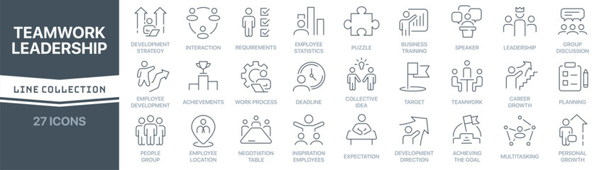 Teamwork and leadership linear signed icon collection. Signed thin line icons collection. Set of teamwork and leadership simple outline icons