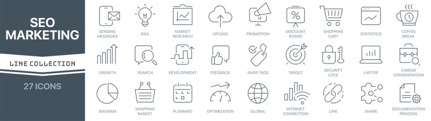 Seo and marketing linear signed icon collection. Signed thin line icons collection. Set of seo and marketing simple outline icons