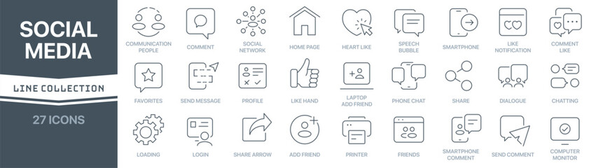 Social media linear signed icon collection. Signed thin line icons collection. Set of social media simple outline icons