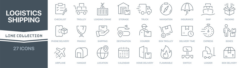 Logistics and shipping linear signed icon collection. Signed thin line icons collection. Set of logistics and shipping simple outline icons