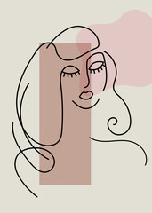 Abstract poster with minimal woman face. Interior art poster, one line drawing style, vector image