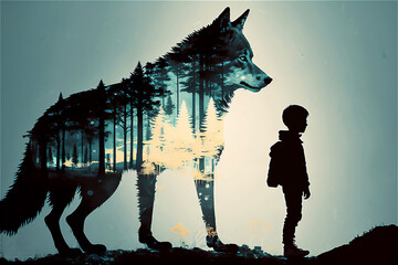 Little child and wolf in magic forest.  Fantasy concept. Generated AI