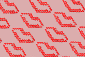 Beautiful lips made of hearts for Valentines Day. Strong relationships and declaration of love. Traditional holiday. Pattern.