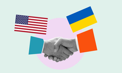 A collage of contemporary art. Two hands with American and Ukrainian flags shaking each other