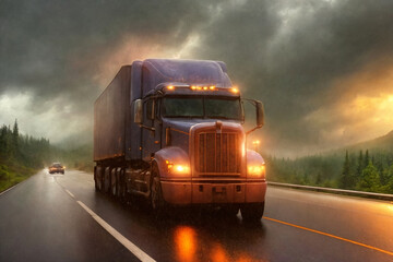 A truck is driving on the road. Dark dramatic landscape with forest as background, gloomy sky, rainy clouds. Generative AI.