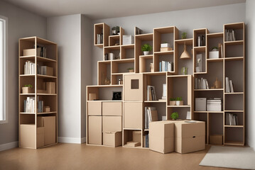 A lot of cardboard boxes in a room near furniture, interior. Generative AI.