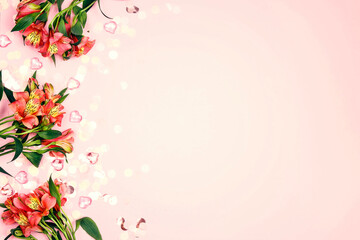 Floral border from Alstroemeria flowers with confetti on pink background. Holiday, birthday, Valentine's day, Mother's day concept.