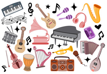 music instrument in cartoon style on the white background. 