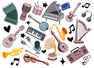 Set of musical instruments in cartoon style on the white background. 