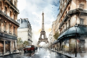 Fototapeta na wymiar Eiffel tower. Paris street. Picture created with watercolors. Artwork. Watercolor illustration. View of the city. Beautiful background with Paris. Generative AI
