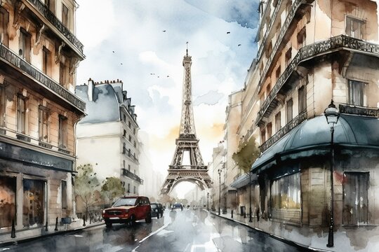 Eiffel tower. Paris street. Picture created with watercolors. Artwork. Watercolor illustration. View of the city. Beautiful background with Paris. Generative AI