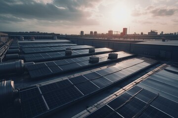 Solar panels installed on a roof of a large industrial building or a warehouse. Generative AI