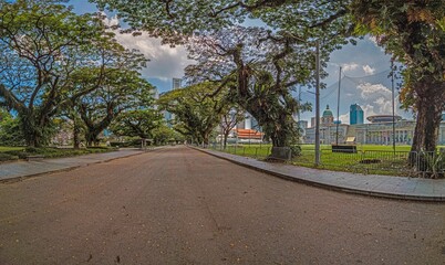 Panoramic image along deserted avenue in Singapore