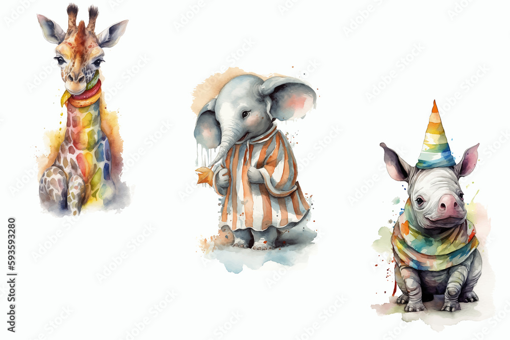 Sticker Safari Animal set giraffe, elephant, rhinoceros in 3d style. Isolated. Generative AI