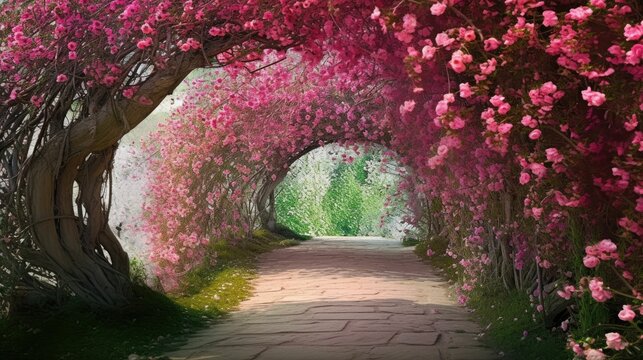 Natural arch of pink flowers over a path in a park. Generative AI illustration.