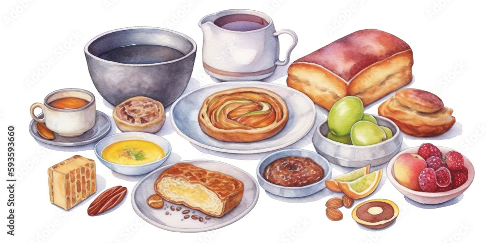 Sticker a painting of a variety of breakfast foods. ai generative image