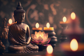 Buddha statue in meditation with lotus flower and burning candles. Meditation, spiritual health, peace, searching zen concept. AI generated image