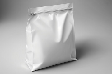 Blank white plastic bag with zip-lock mockup on white background. Plastic bag for coffee, candy, nuts or spices, food pouch. AI generated