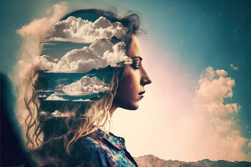 Double exposure image of woman portrait with the sky and cloudscape for peaceful mind and psychological tranquility concept. Meditative and mental ability abstract art. Superb Generative AI