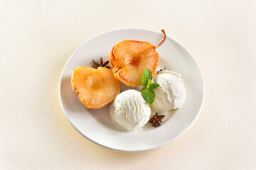 Ice cream with poached pears
