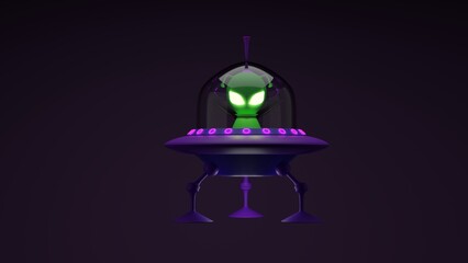 3D image of an alien UFO hovering on a dark background. Perfect for sci-fi and mystery-themed projects, Cute Alien and its 3D Rendered Spaceship