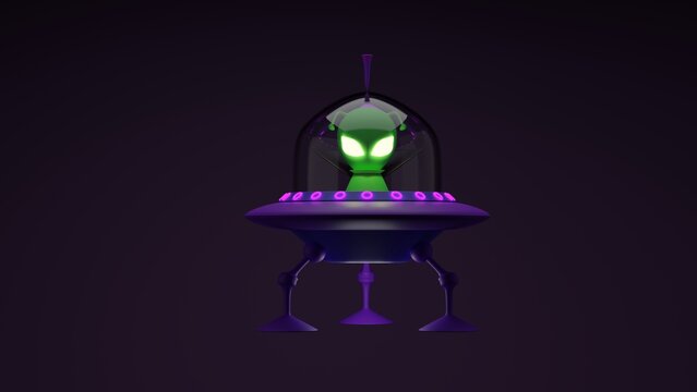 3D image of an alien UFO hovering on a dark background. Perfect for sci-fi and mystery-themed projects, Cute Alien and its 3D Rendered Spaceship