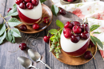 Panna cotta with sweet cherry jelly on a rustic table. Italian dessert, homemade cuisine. Copy space.