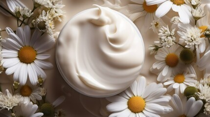 Fototapeta na wymiar chamomile cosmetic cream with flowers on a light background. Generative AI