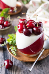 Panna cotta with sweet cherry jelly on a rustic table. Italian dessert, homemade cuisine.