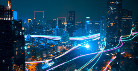 Smart city with speed line glowing light trail surround the city. big data connection technology...
