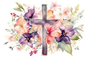 Watercolor floral cross for Easter cards and invitations. Generative AI