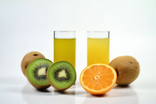 Kiwi and orange juice on white background. Generative AI