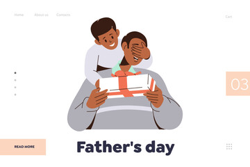 Fathers day concept for landing page design template with happy dad getting present from son
