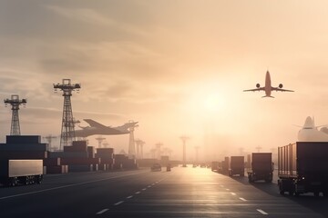 Logistics transportation. Import/export of cargo by ship, truck, and plane. Generative AI