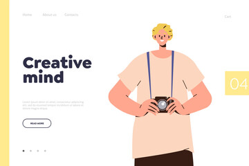 Creative mind landing page template with smiling photographer having brilliant idea for shooting