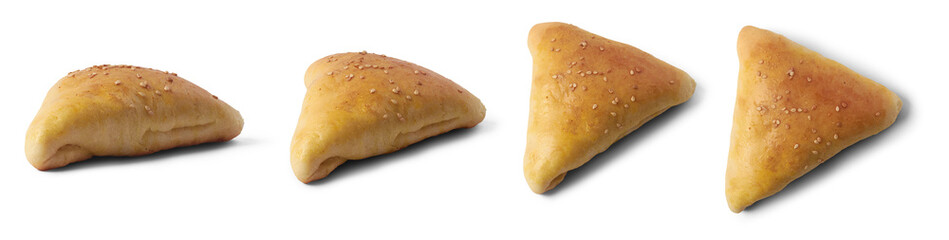 set of curry buns, type of savory bread that is filled with mixture of curry sauce and vegetables, sesame seeds spread golden brown and crispy popular snack in different angles, isolated