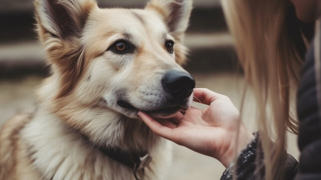 dog adoption concept woman petting dog pet love and care generative AI