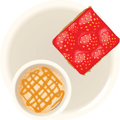 Strawberry cheesecake icon isometric vector. Strawberry cake and cappuccino cup. Dessert, breakfast, food concept