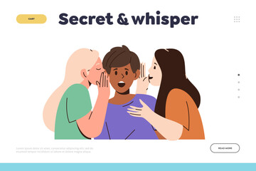 Secret and whisper landing page design template with cute children quietly chatting in secrecy - obrazy, fototapety, plakaty