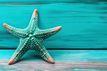 Fototapeta na wymiar blue starfish on turquoise wooden board with copy space. Summer concept. Ai generative