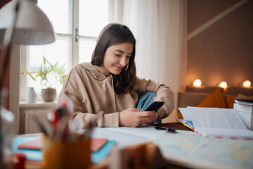 Young teenage girl studying in her room.