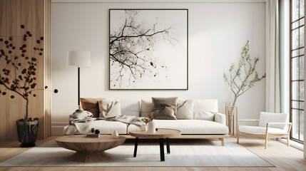Chic Living Room Interior with Mockup Frame Poster, Modern interior design, 3D render, 3D illustration