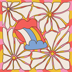 Naklejka premium Retro groovy opened mouth with rainbow colored tongue sticking out ended by cloud. Hippy red open lips psychedelic poster with daisy flowers. Vintage positive hippie banner. Trendy y2k vector pop art