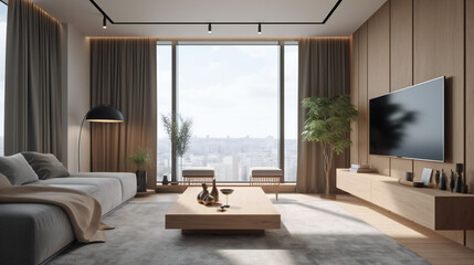 Minimalist Living Room Interior, Modern interior design, 3D render, 3D illustration