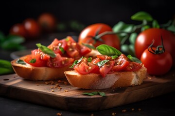 Delicious tomato bruschetta slices on board. Generative AI - obrazy, fototapety, plakaty