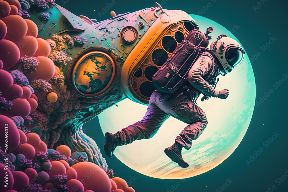Poster astronaut floating in a colorful abstract scene reflecting the vastness of space - generative ai
